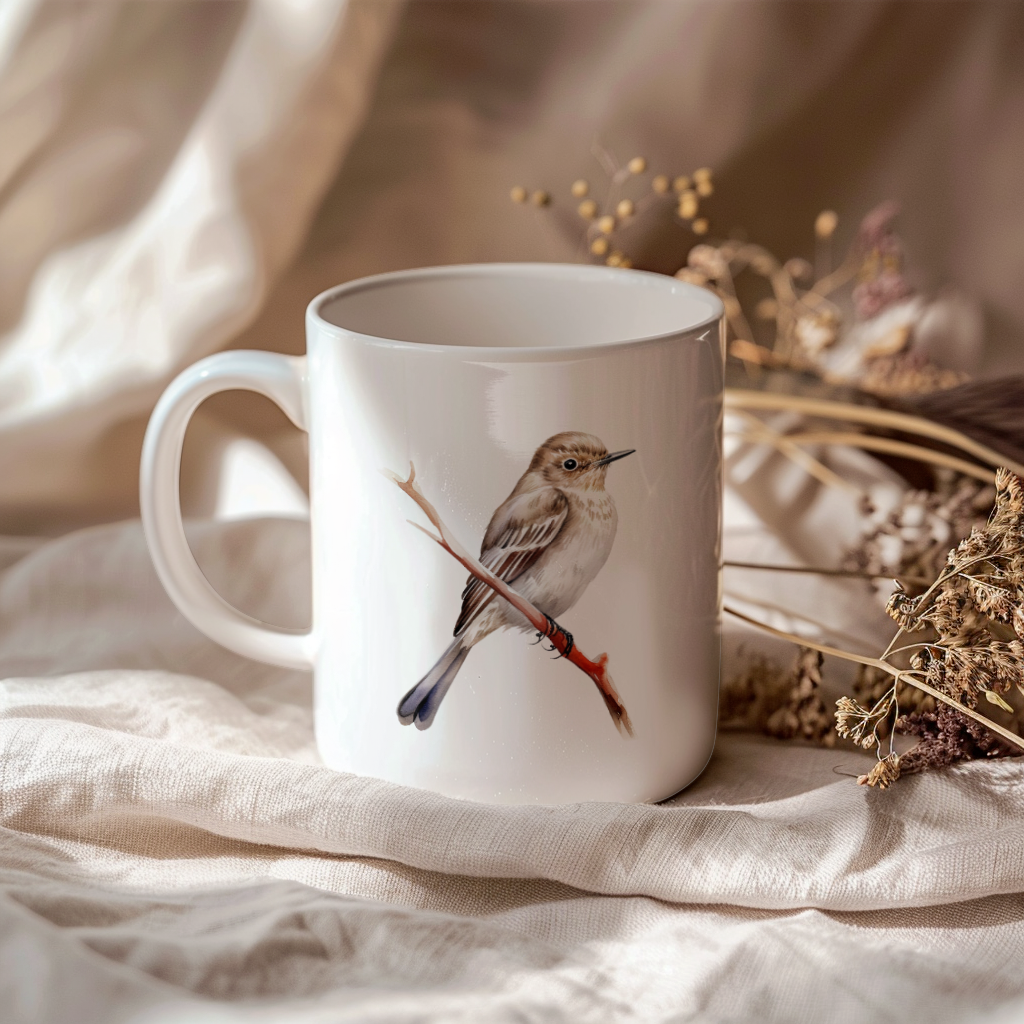 Bird Watching Mug, Spotted Flycatcher Song Bird Mug, 11oz or 15oz White Ceramic Coffee Mug Gift for Bird Watchers