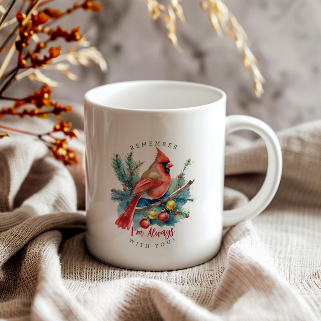 Red Cardinal Mug – Northern Red Cardinal Christmas Mug with Heartfelt Message, 11oz or 15oz White Ceramic Coffee Cup