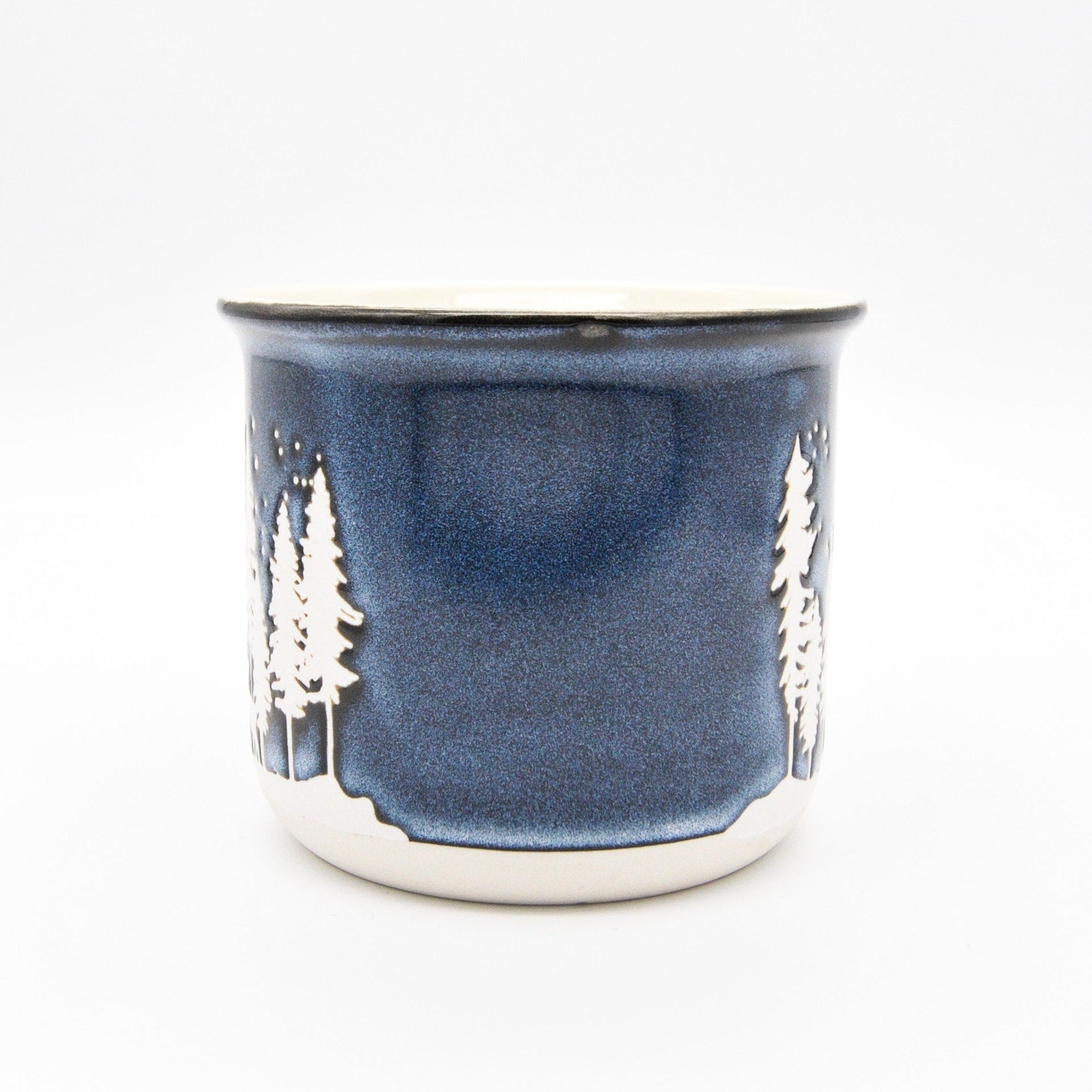 Holiday Camping Mug, Blue Ceramic 14oz Coffee Cup with Elk and Calf Winter Scene by Gingerbread Home