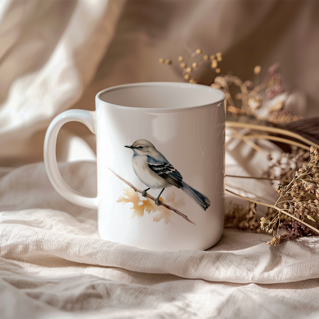 Bird Watching Mug, Mockingbird Song Bird Mug, 11oz or 15oz White Ceramic Coffee Mug Gift for Bird Watchers