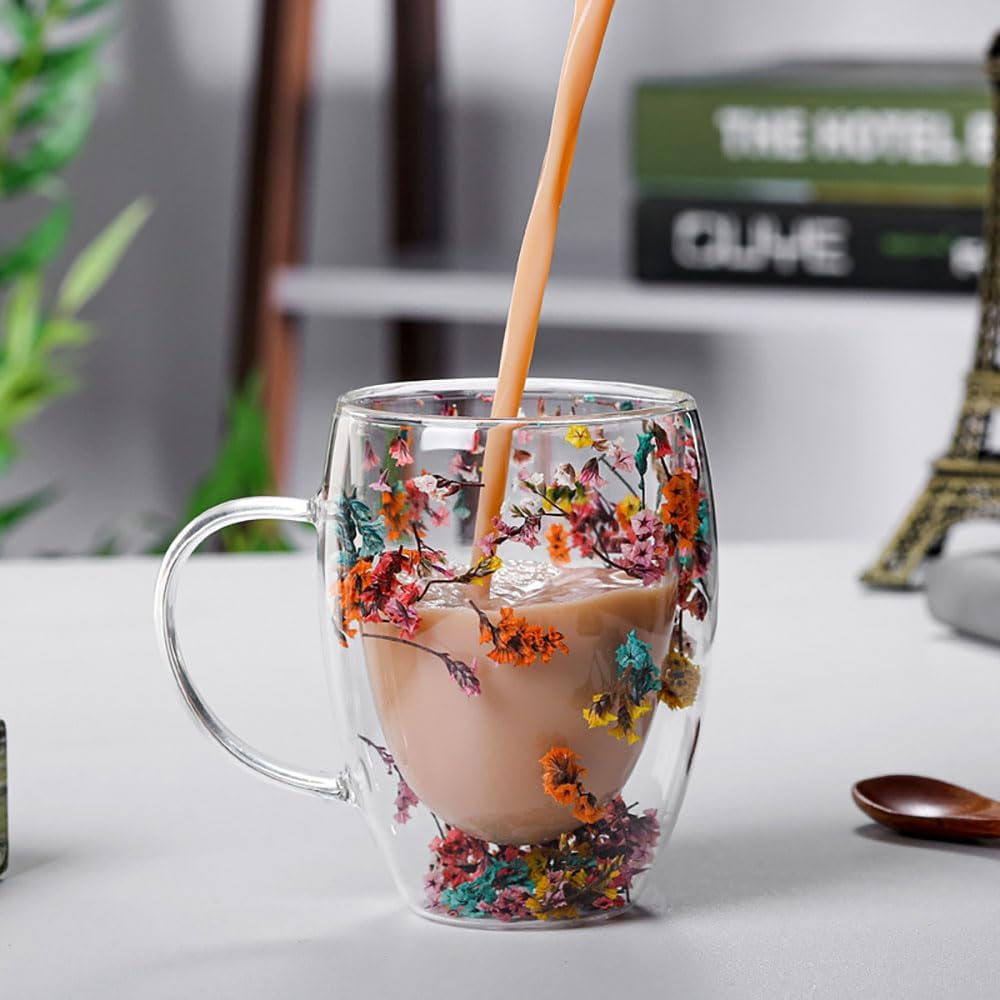 Pressed Flower Double Wall Glass Coffee Mug – Insulated Floral Tea & Coffee Cup with Handle