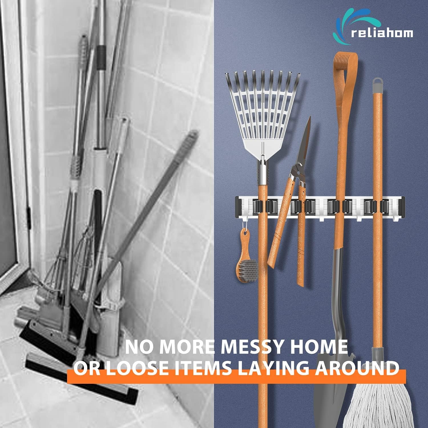 Broom Holder Wall Mount Mop and Broom Hanger Wall Mounted Garage Storage Rack Kitchen Garden Tool Organizer (4 Racks with 5 Hooks, Black)