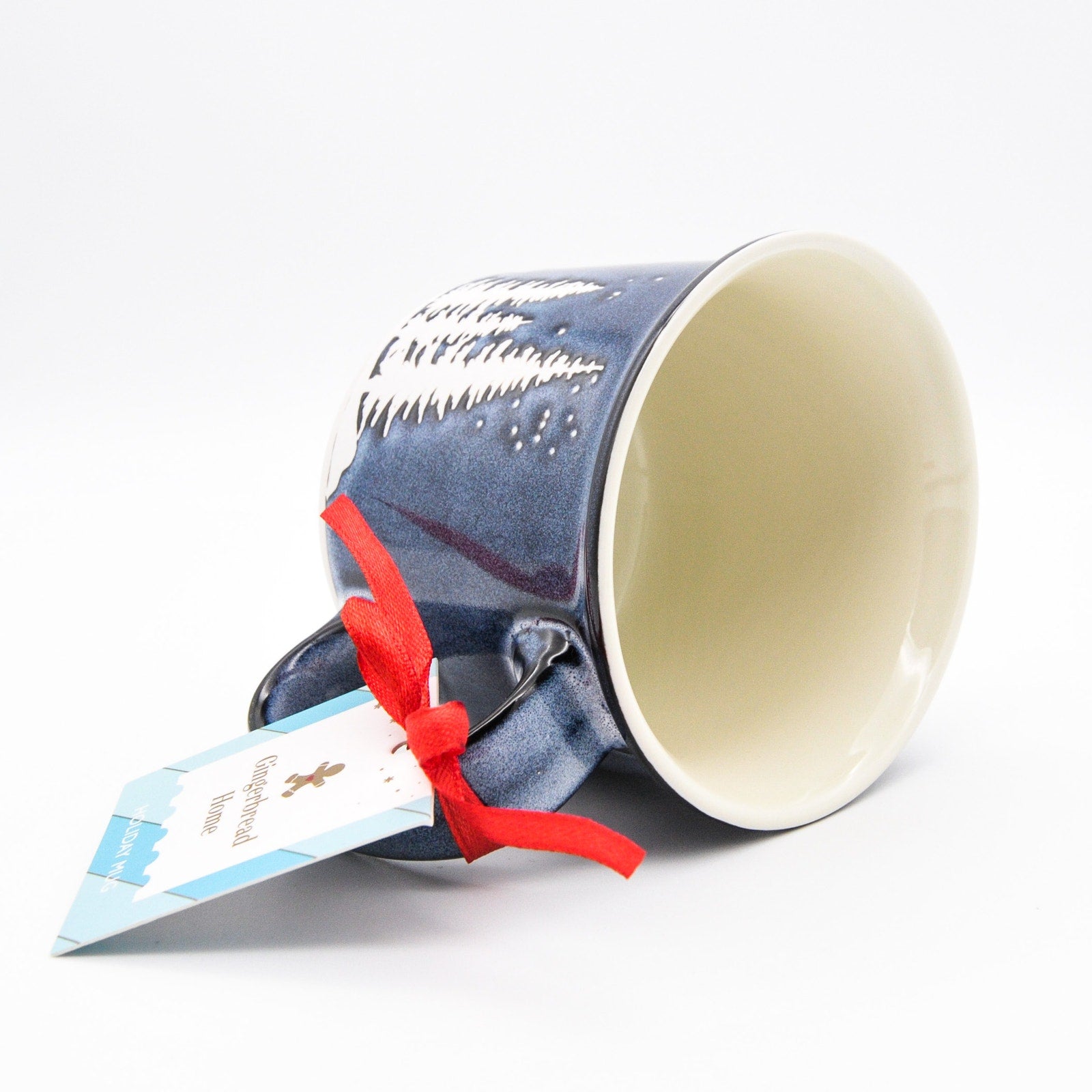 Holiday Camping Mug, Blue Ceramic 14oz Coffee Cup with Bear in Winter Scene by Gingerbread Home