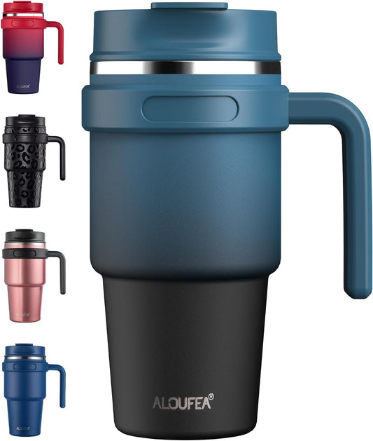 20 Oz Insulated Coffee Mug Tumbler with Handle, Stainless Steel Travel Mug Tumbler with Lid and Straw,Double Wall Vacuum Leak Proof Ice Coffee Thermal Cup, Indigo Black
