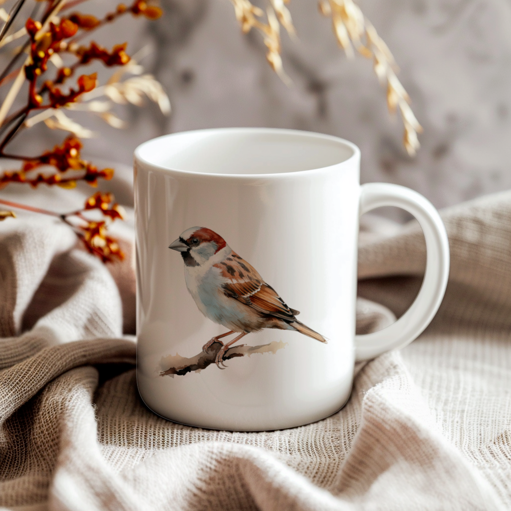 Bird Watching Mug, House Sparrow Song Bird Mug, 11oz or 15oz White Ceramic Coffee Mug Gift for Bird Watchers