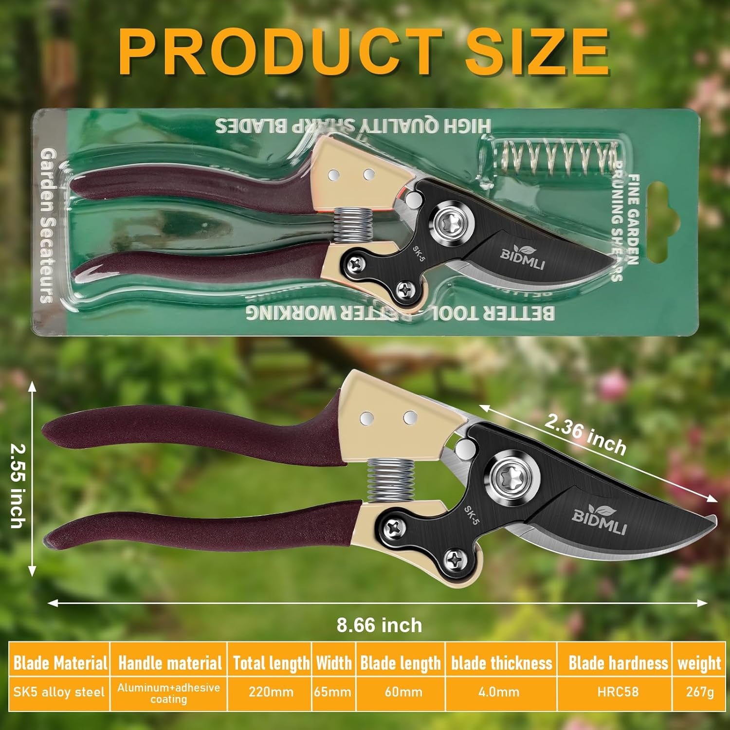 Heavy Duty Pruning Shears，Garden Scissors & Clippers with BIDMLI 8.66" SK5 Steel Blades & Aluminum Alloy Handles, Tree Branch Cutter, Ideal for Thick Branches, Dry Twigs, Flower Pruning Tool.