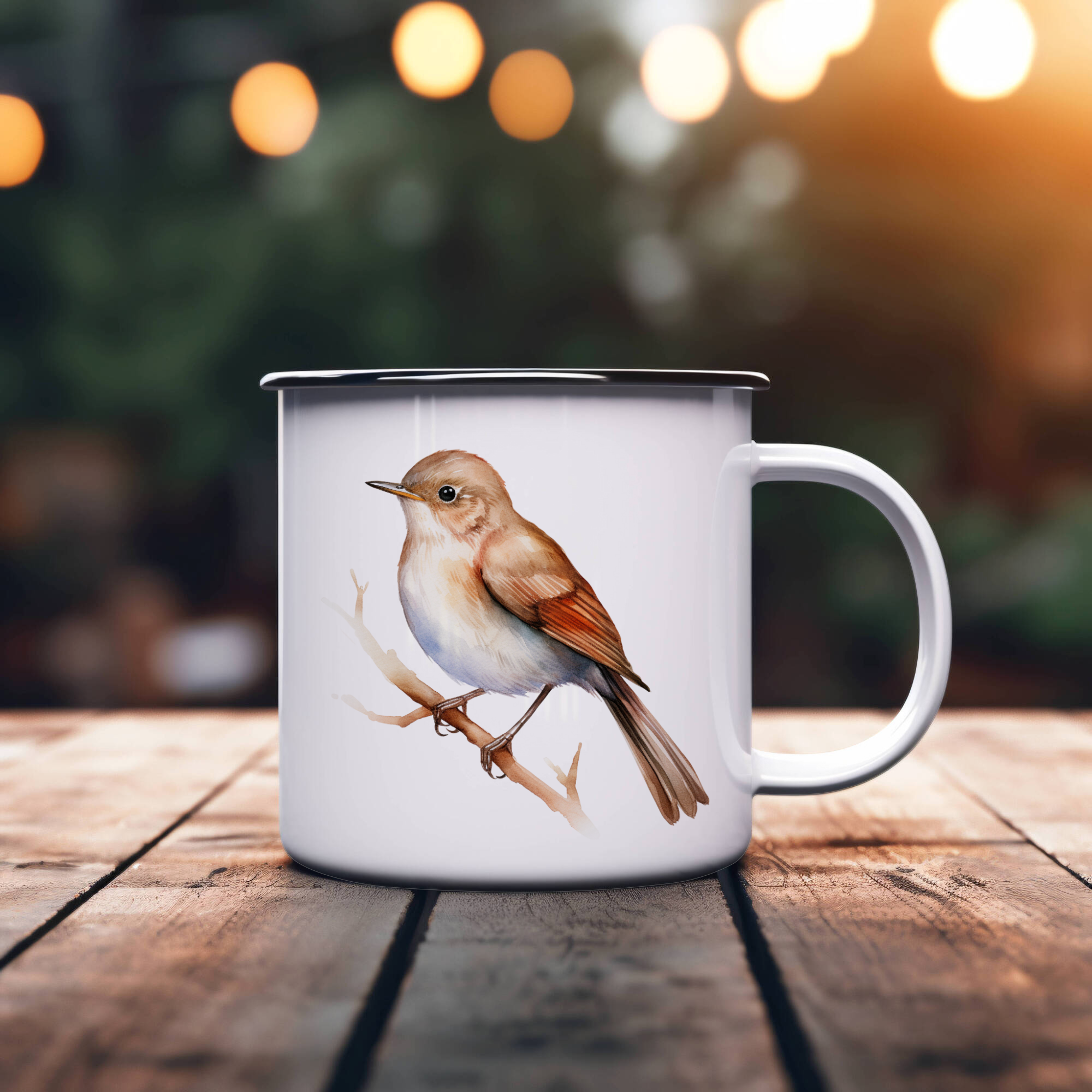 Bird Watching Mug, Common Nightingale Song Bird Camping Mug, 12oz Camping Mug, White Stainless Steel Cup with Handle