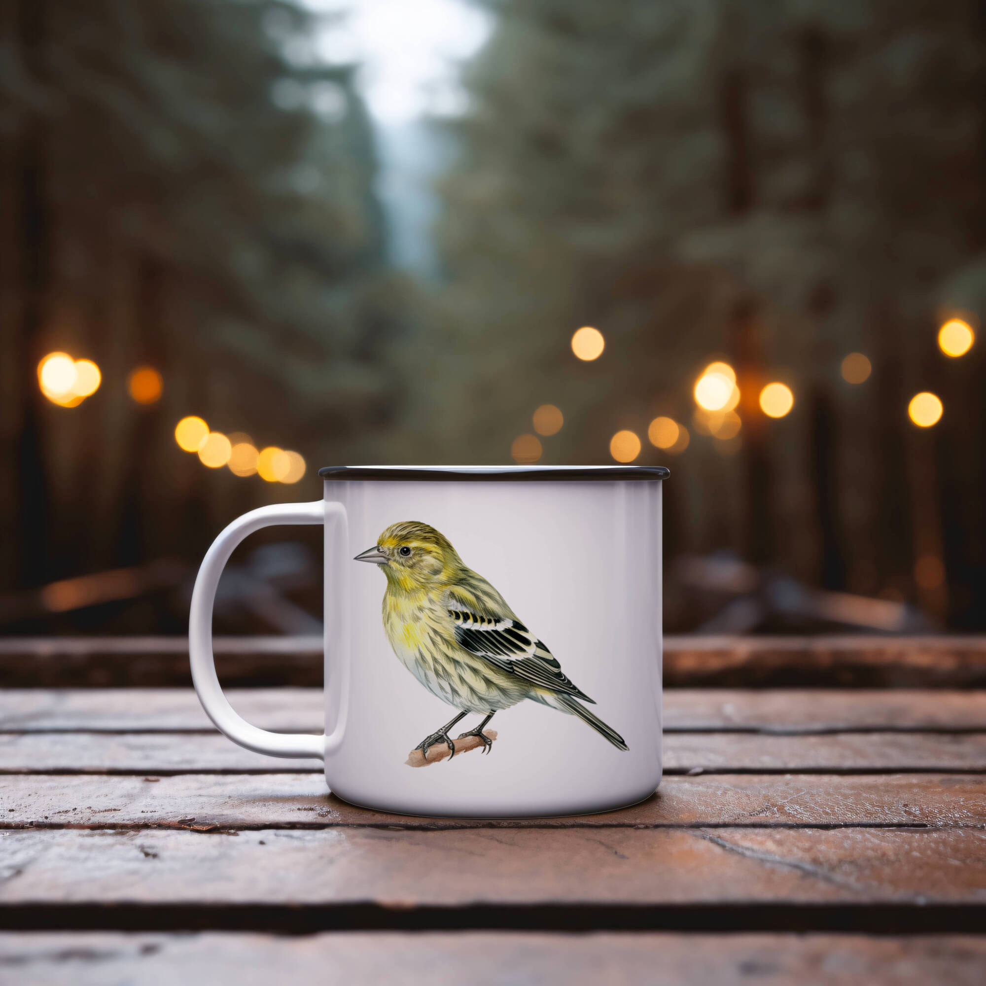 Bird Watching Mug, Pine Siskin Song Bird Camping Mug, 12oz Camping Mug, White Stainless Steel Cup with Handle