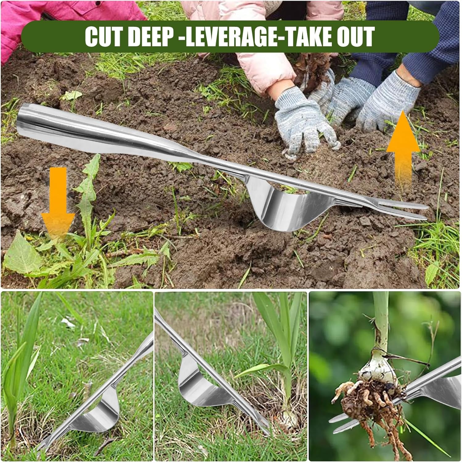 Landjoy Garden Weeding Tool,Hand Weeder Tool,Leverage Base Design and V-Fork,One-Piece Stainless Steel Design for Greater Strength, Easy Weed Removal and Deeper Digging