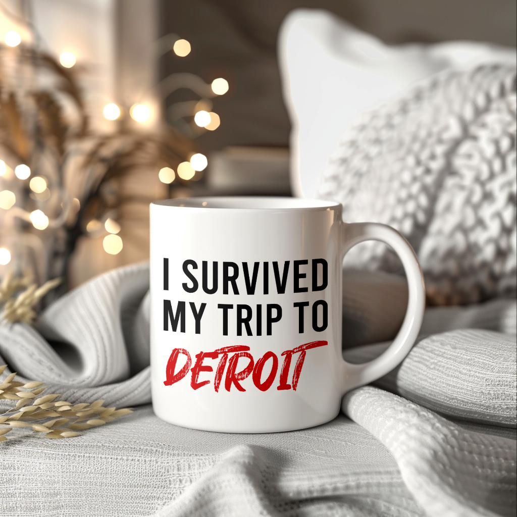 Funny Travel Mug – I Survived My Trip to Detroit, 11oz or 15oz White Ceramic Coffee Mug, Novelty Travel Gift