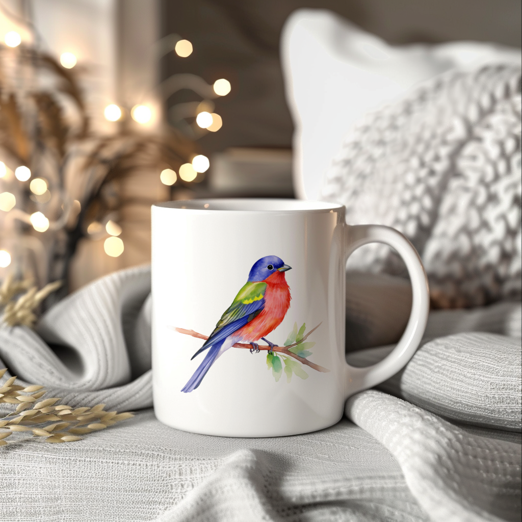 Bird Watching Mug, Painted Bunting Song Bird Mug, 11oz or 15oz White Ceramic Coffee Mug Gift for Bird Watchers