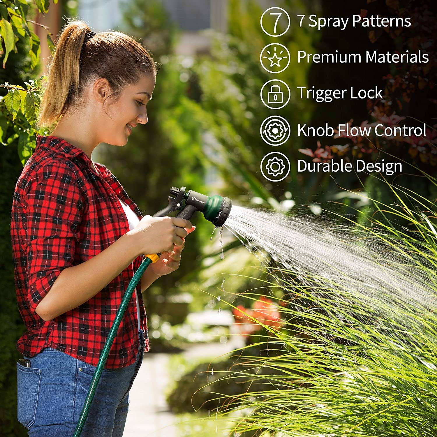 Automan-Garden-Hose-Nozzle, ABS Water Spray Nozzle with 7 Adjustable Watering Patterns, Slip Resistant for Watering Plants, Lawn& Garden, Washing Cars, Cleaning, Showering Pets & Outdoor Fun.