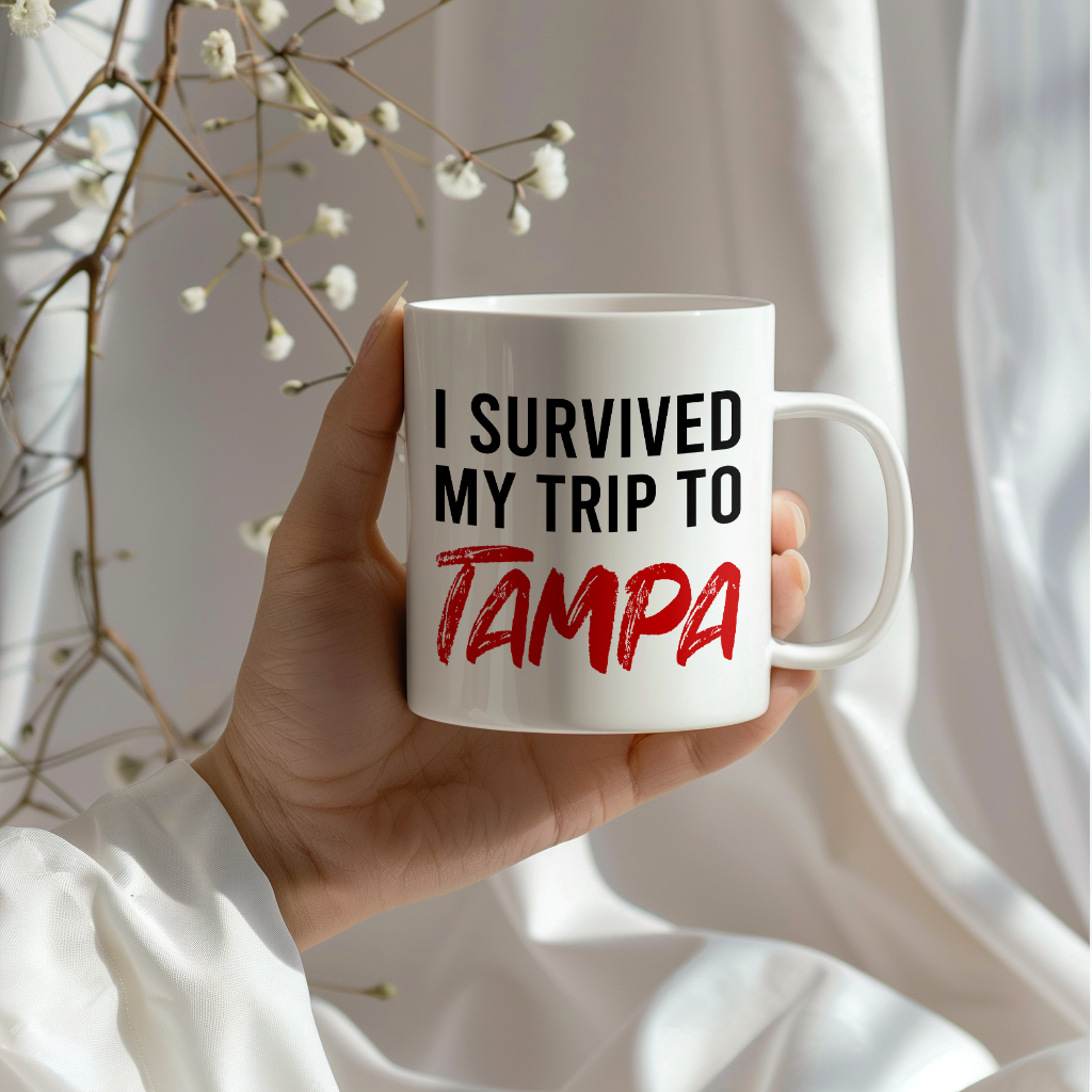 Funny Travel Mug – I Survived My Trip to Tampa, 11oz or 15oz White Ceramic Coffee Mug, Novelty Travel Gift