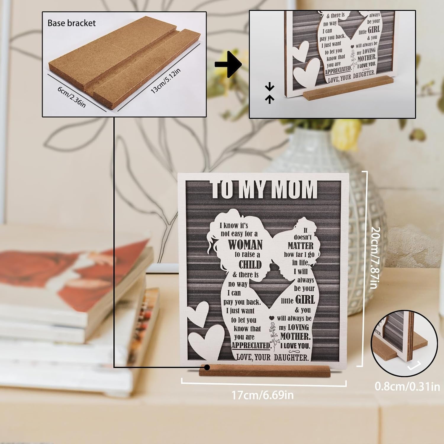 Mother’S Day for Mom from Daughter, Rustic Mom and Daughter Hug Wood Sign, Best Bonus Mama Step Mother in Law Birthday Valentines, Christmas Gifts Ideas