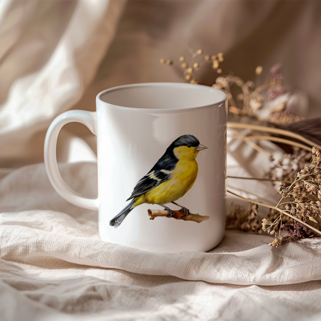 Bird Watching Mug, Lesser Goldfinch Song Bird Mug, 11oz or 15oz White Ceramic Coffee Mug Gift for Bird Watchers