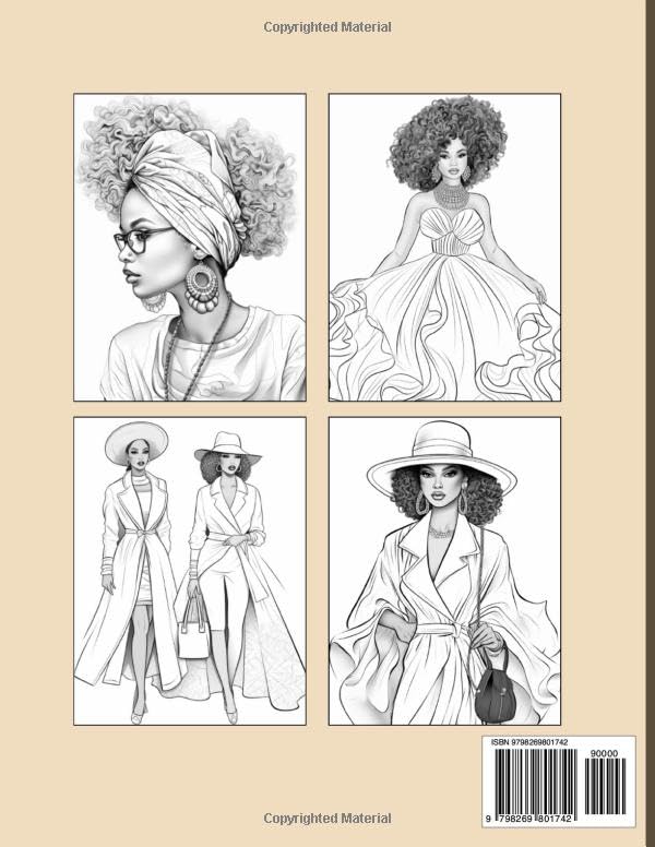 Black Women Fashion Coloring Book for Adults: Elegant Dresses, Chic Hats, Natural Hairstyles, and Stunning Outfits for Relaxation, Creativity, and Stress Relief
