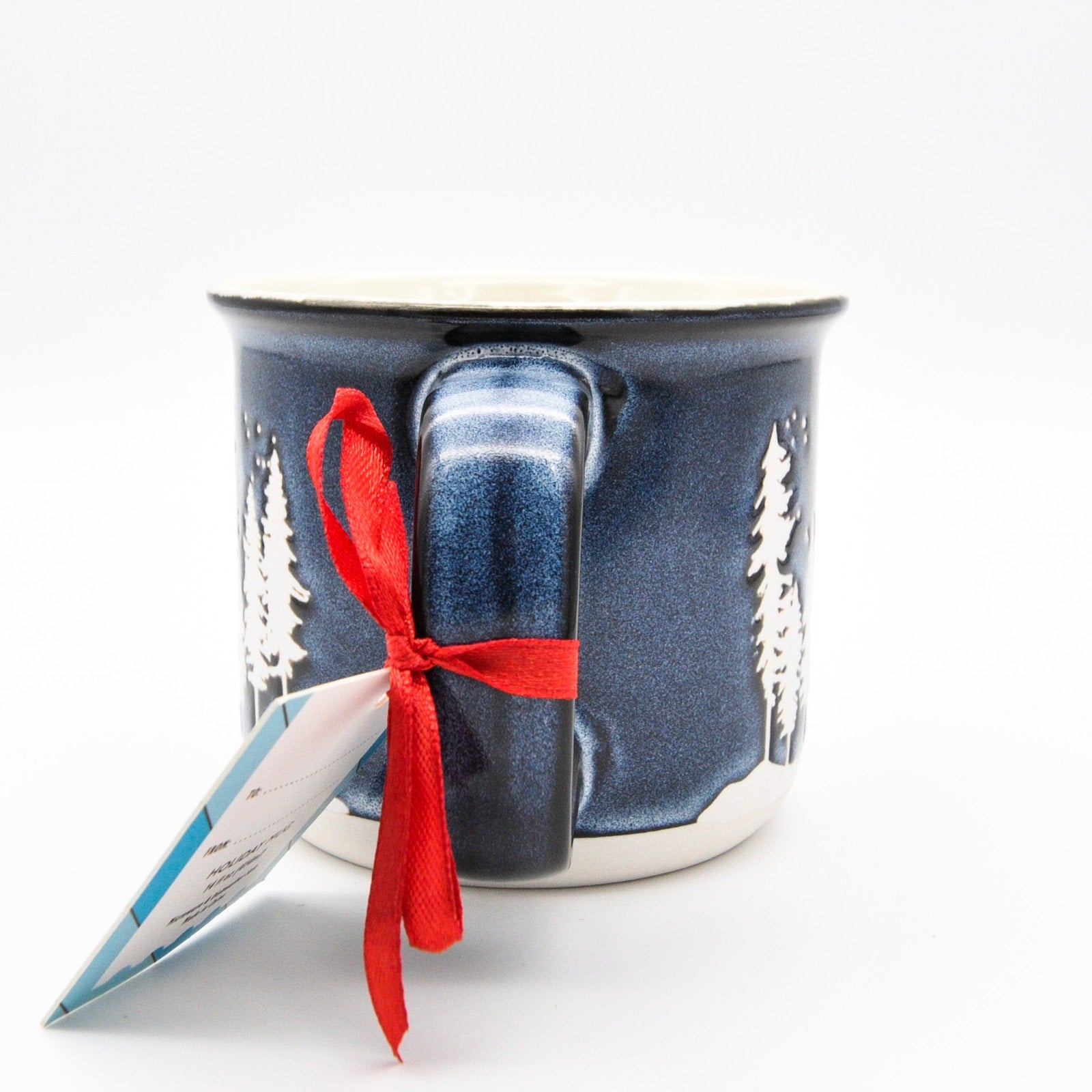 Holiday Camping Mug, Blue Ceramic 14oz Coffee Cup with Elk and Calf Winter Scene by Gingerbread Home