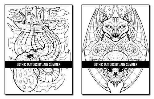 Gothic Tattoos: A Tattoo Coloring Book for Adults with Skulls, Animals, Flowers, and Dark Fantasy Scenes for Men and Women