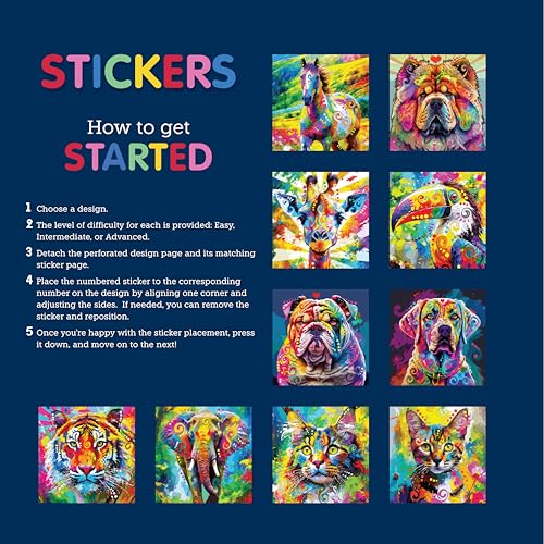 Pop Art Animals Sticker Mosaic Art: 10 Amazing Designs (Design Originals) Sticker by Number Designs for Kids or Adults - Tiger, Elephant, Giraffe, Labrador Retriever, and More, from Artist Dean Russo