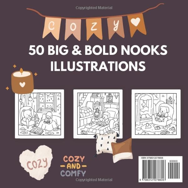 Cozy Nooks Coloring Book for Adults and Teens, 50 Cute Pages with Cozy and Hygge Spaces for Relax & Anti Stress Time: Bold and Easy Coloring