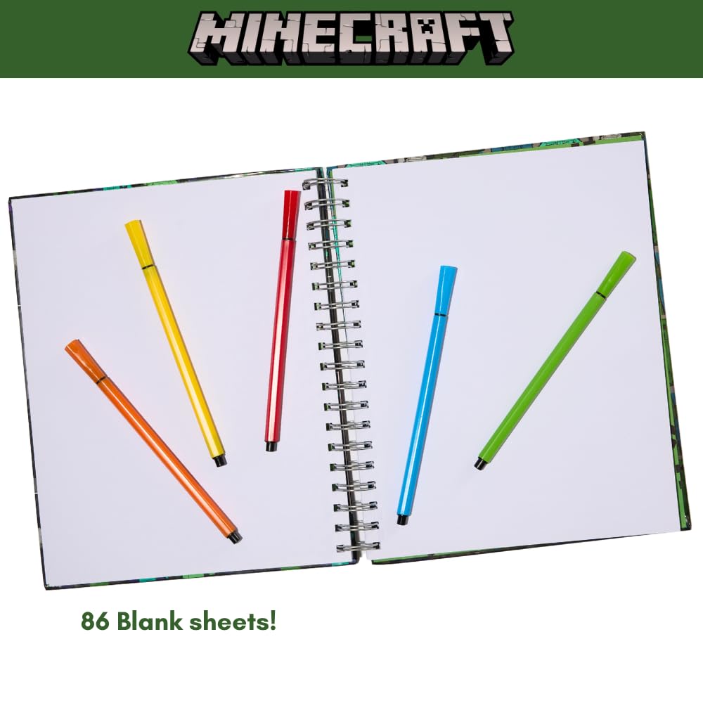Minecraft Sketchbook Set, 5 Washable Markers, Spiral Bound, 86 Blank Pages
