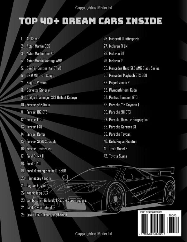 Dream Cars Coloring Book: A Collection of 40+ Cool Sports Cars, Supercars, and Classic Cars | Relaxation Coloring Pages for Kids, Adults, Boys, and Car Lovers