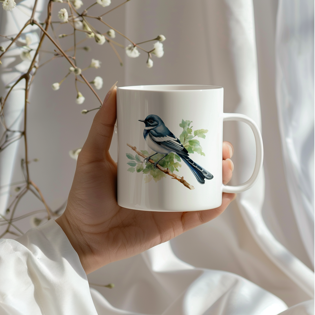 Bird Watching Mug, Oriental Magpie Robin Song Bird Mug, 11oz or 15oz White Ceramic Coffee Mug Gift for Bird Watchers