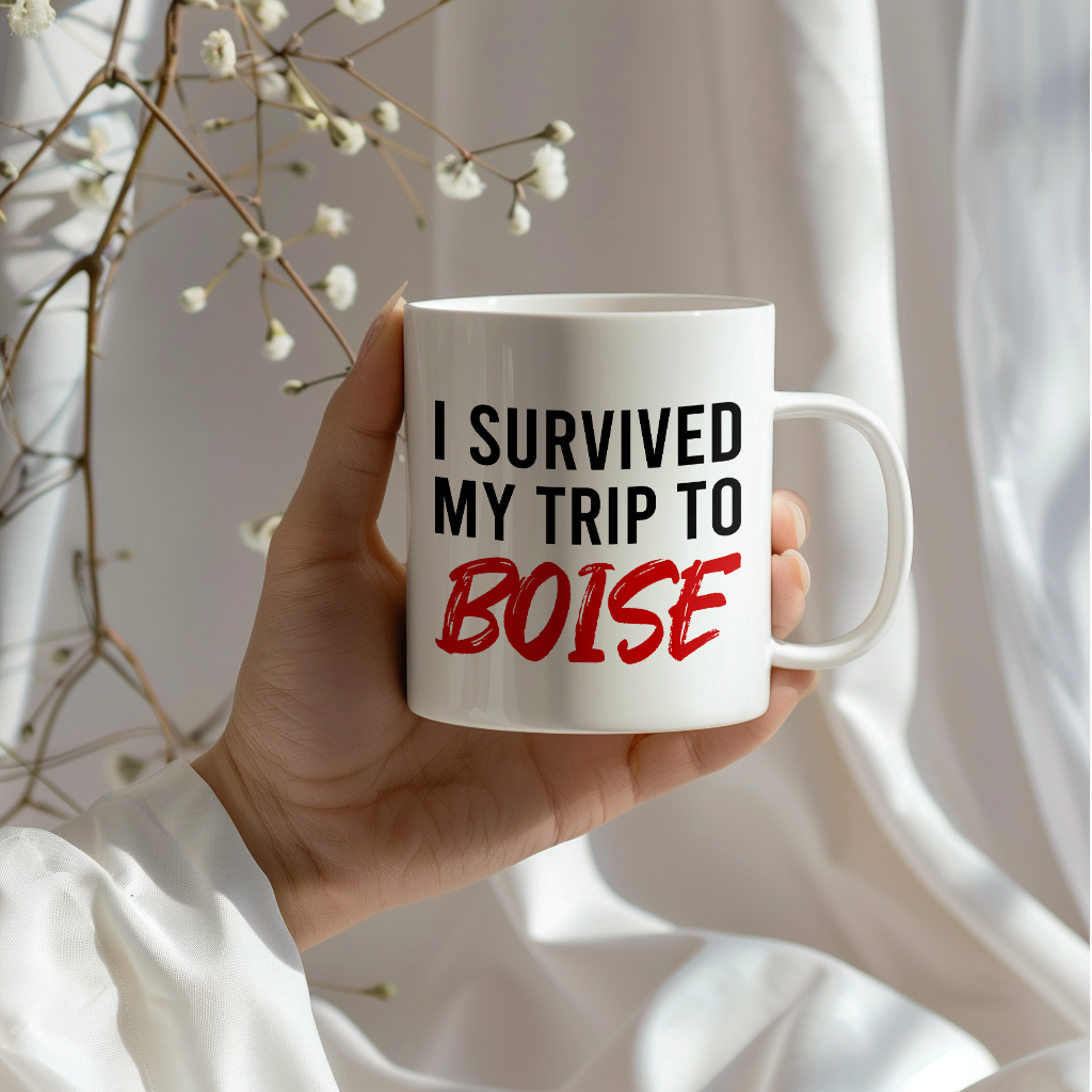 Funny Travel Mug – I Survived My Trip to Boise, 11oz or 15oz White Ceramic Coffee Mug, Novelty Travel Gift