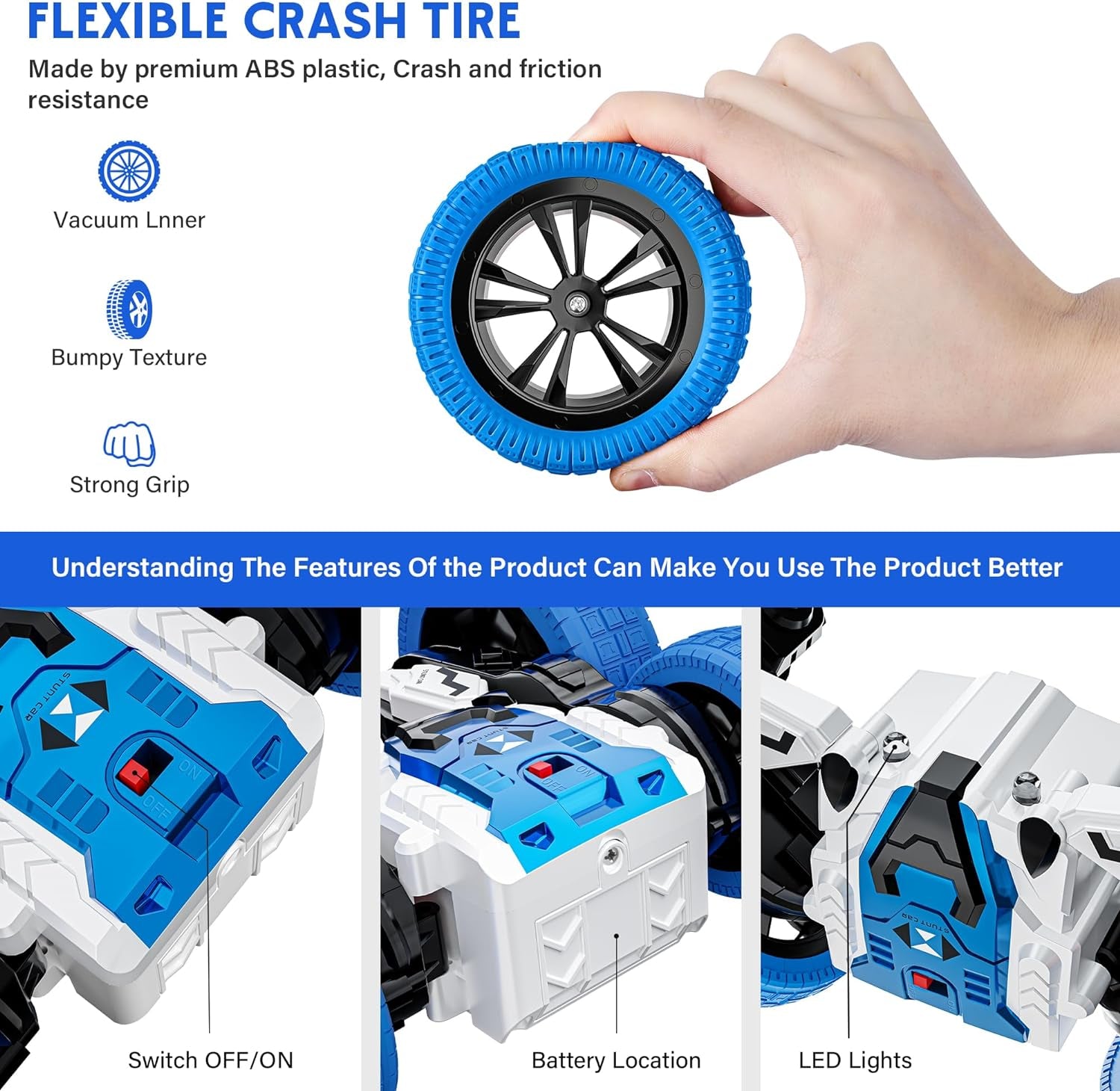 Remote Control Car, Double Sided RC Car, 4WD Off-Road Stunt Car with 360° Flips, 2.4Ghz Indoor Outdoor All Terrain Rechargeable Electric Toy Cars Gifts for Boys Kids 3 4 5 6 7 8 9 10 11 12 Year Old