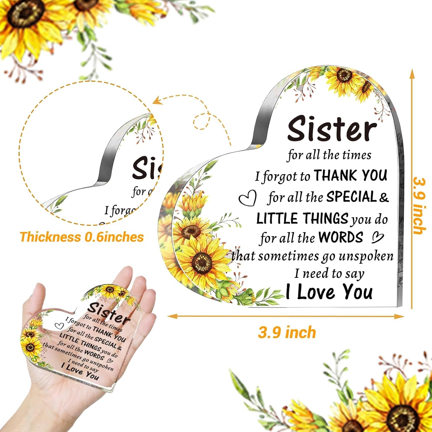 Sister Mothers Day Gifts from Sister Brother, to My Sister Acrylic Heart Sign Presents, Birthday Christmas Graduation Wedding Valentines Day Gifts for Sister