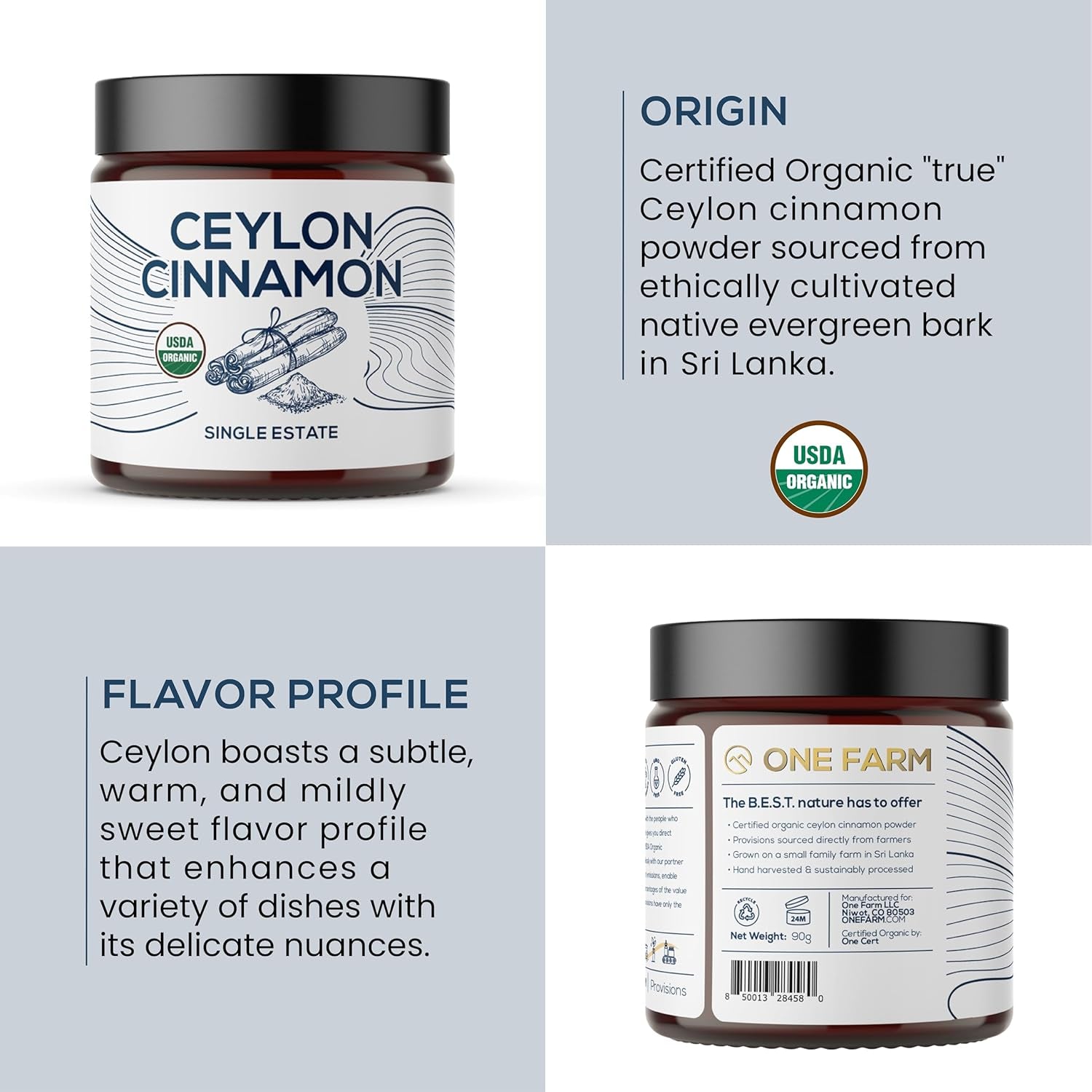 Organic Ceylon Cinnamon, Single Estate, Freshly Ground Premium Sri Lanka Cinnamon, Non-Gmo, Fair-Trade & Gluten Free in Resealable Jar for Cooking, Smoothies, Coffee & Tea
