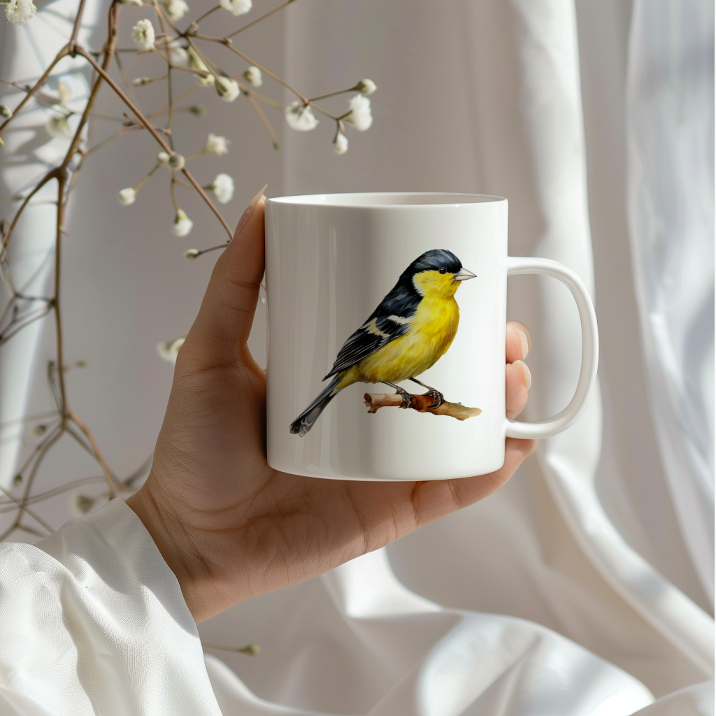 Bird Watching Mug, Lesser Goldfinch Song Bird Mug, 11oz or 15oz White Ceramic Coffee Mug Gift for Bird Watchers