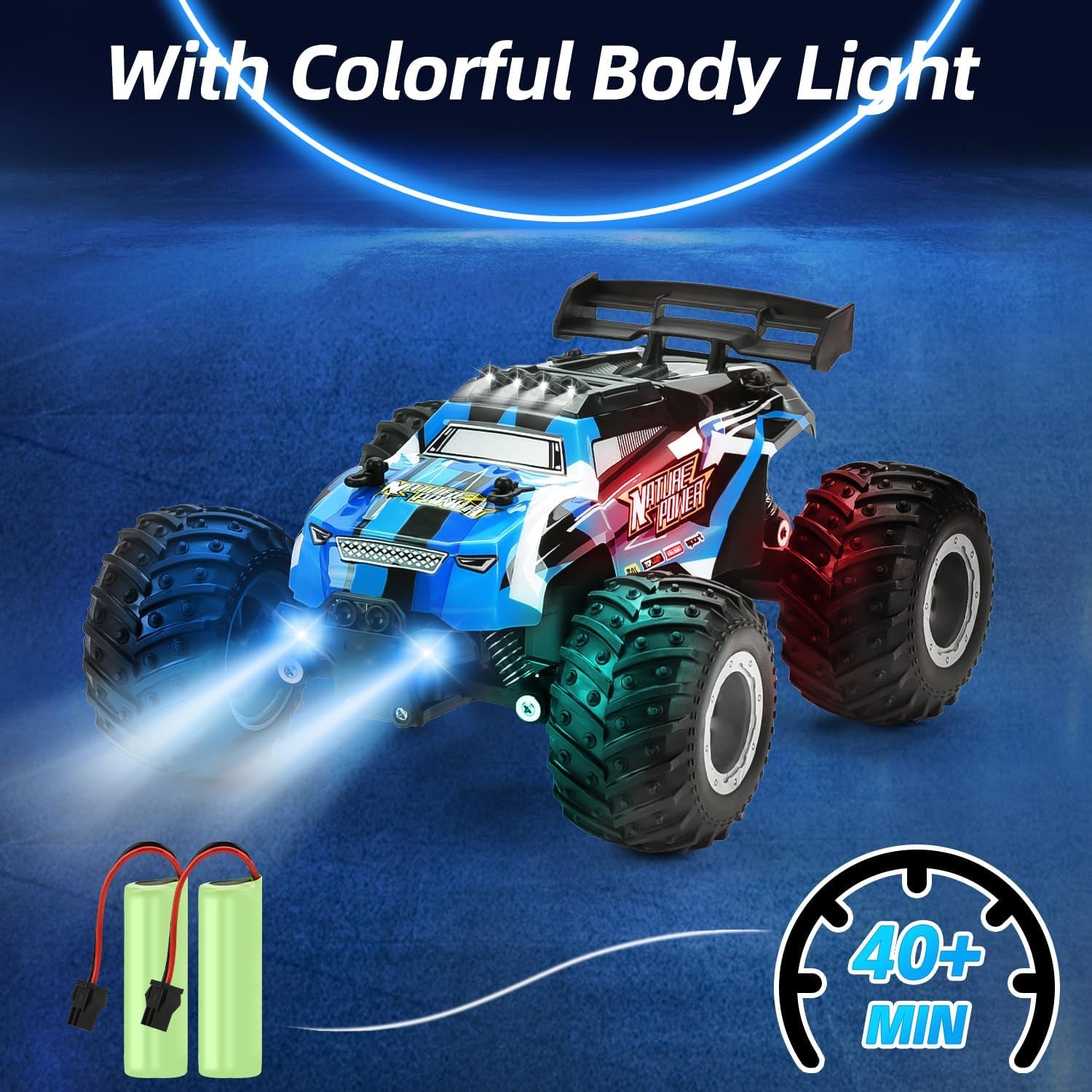 Remote Control Car, 2.4Ghz Glow-Up RC Cars with Body Lights & Headlights, 2 Rechargeable Batteries for 40 Min Play, 20 KM/H All Terrain Off-Road Monster Truck,Toys for Boys Kids Age 4-7 8-12 Xmas Gift