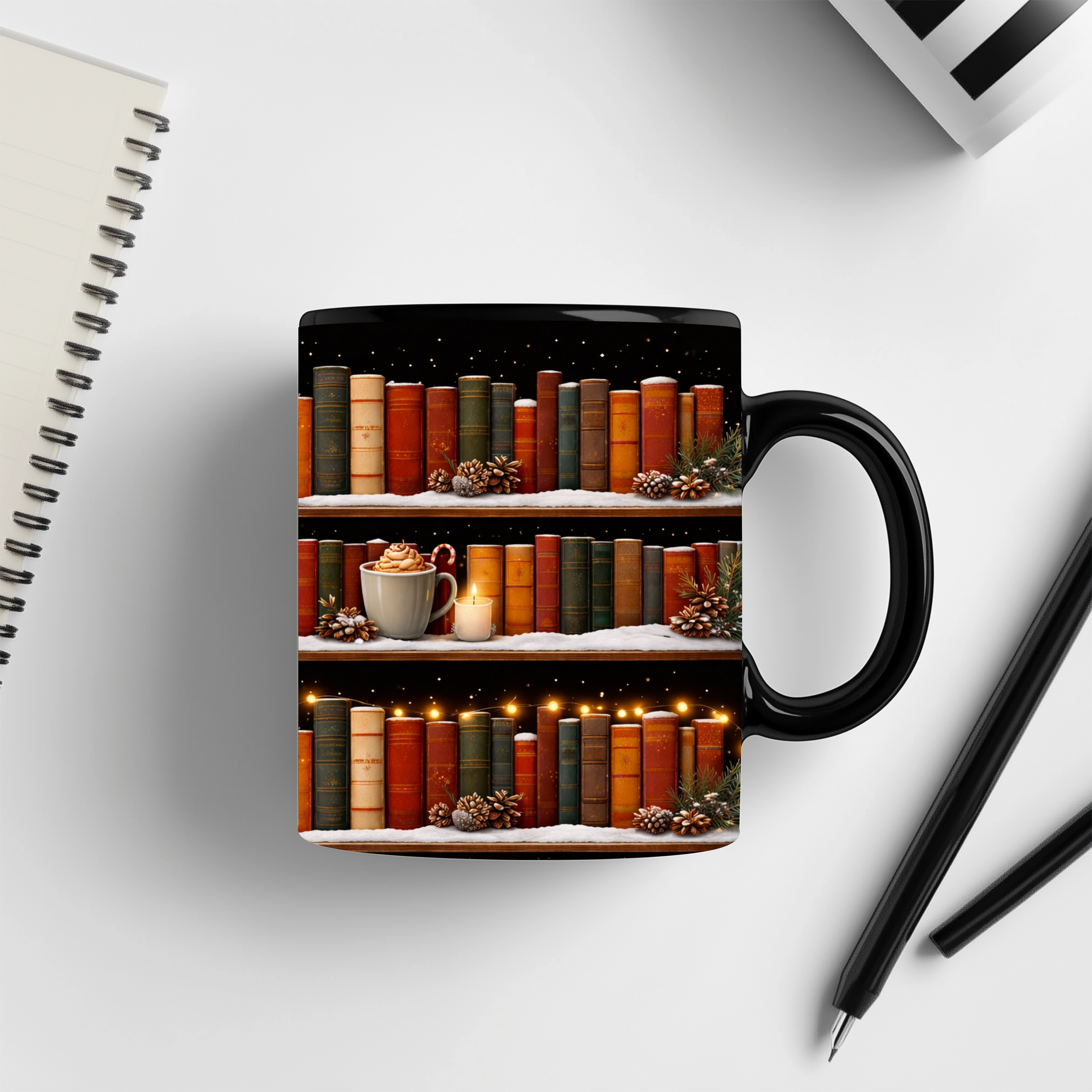 Winter Bookshelf Mug, Book Lover Coffee Mug, Snowy Reading Mug, Cozy Christmas Hot Cocoa Cup, 11oz or 15oz