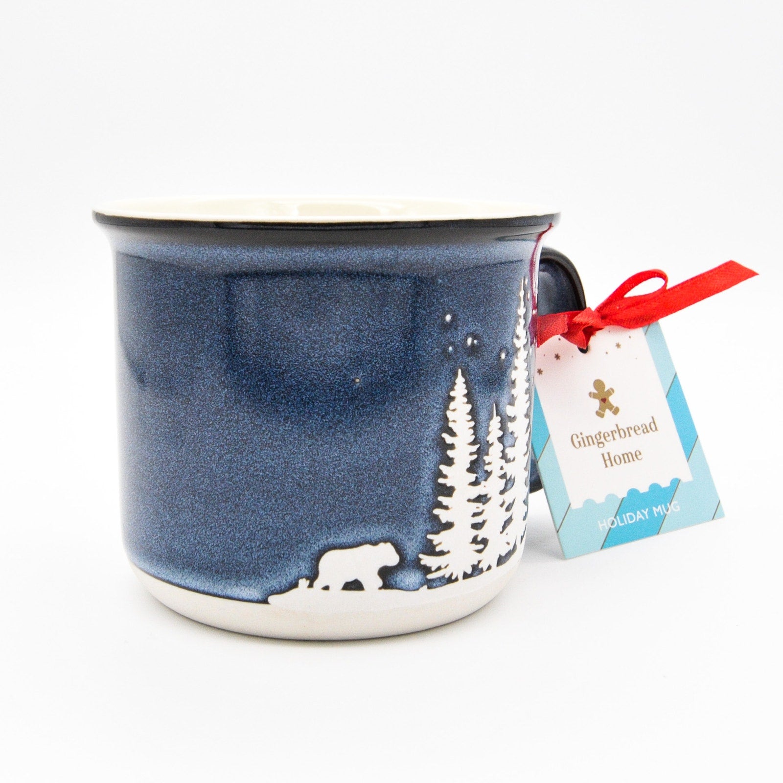 Holiday Camping Mug, Blue Ceramic 14oz Coffee Cup with Bear in Winter Scene by Gingerbread Home