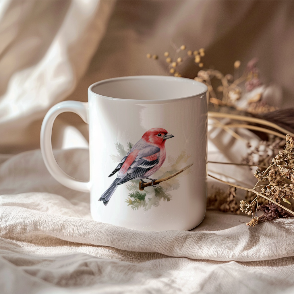 Bird Watching Mug, Pine Grosbeak Song Bird Mug, 11oz or 15oz White Ceramic Coffee Mug Gift for Bird Watchers