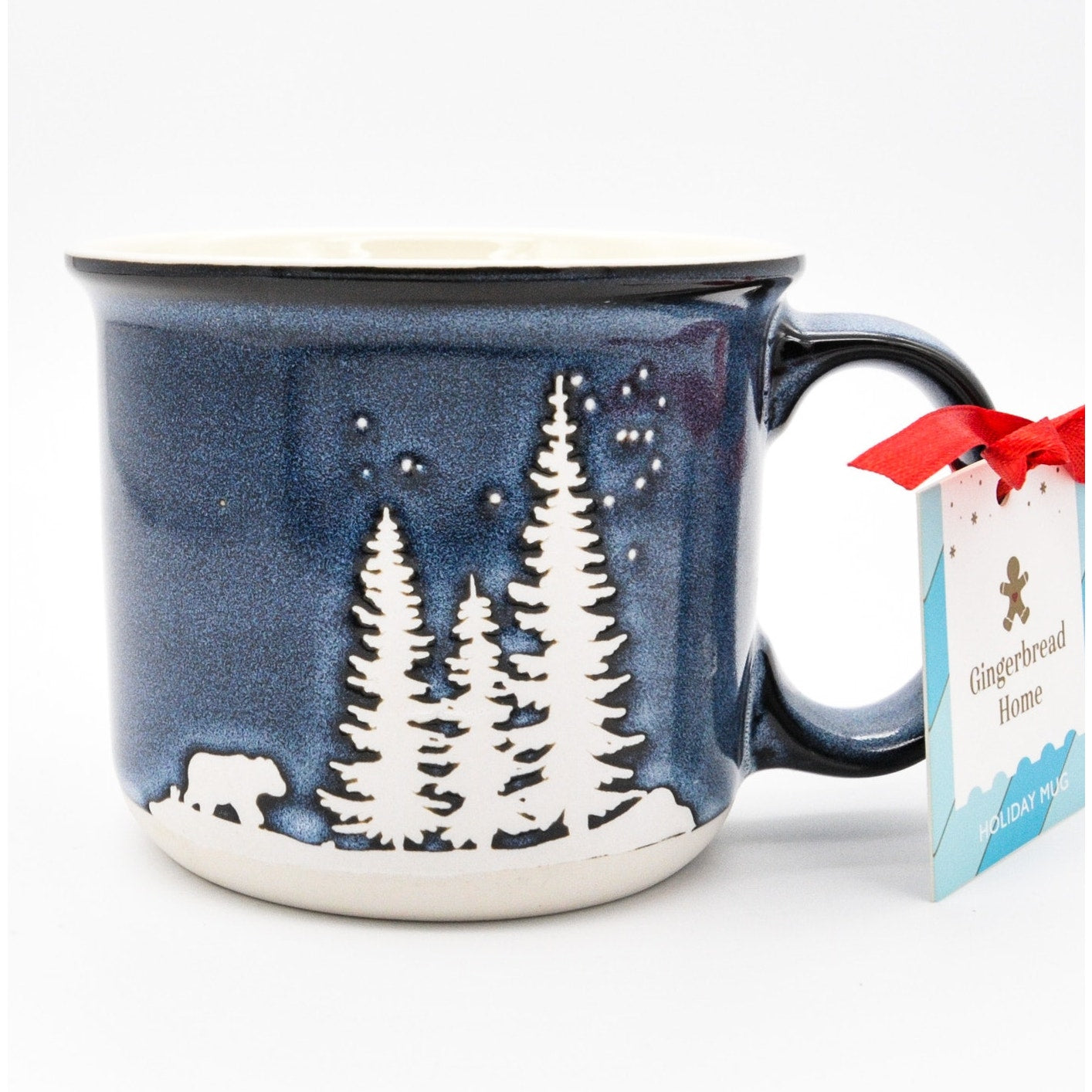 Holiday Camping Mug, Blue Ceramic 14oz Coffee Cup with Bear in Winter Scene by Gingerbread Home