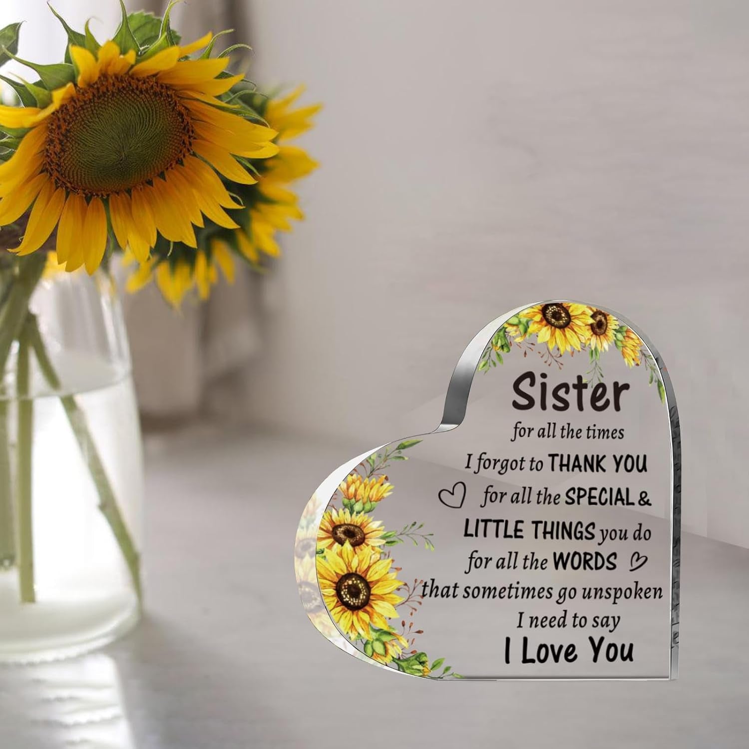 Sister Mothers Day Gifts from Sister Brother, to My Sister Acrylic Heart Sign Presents, Birthday Christmas Graduation Wedding Valentines Day Gifts for Sister