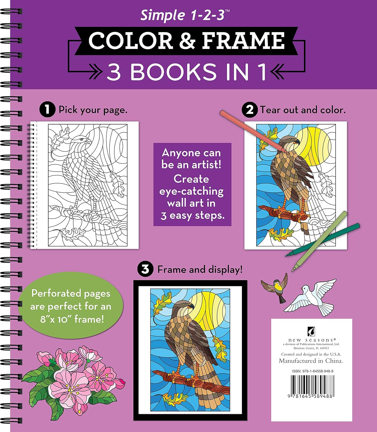 Color & Frame - 3 Books in 1 - Birds, Landscapes, Gardens (Adult Coloring Book - 79 Images to Color)