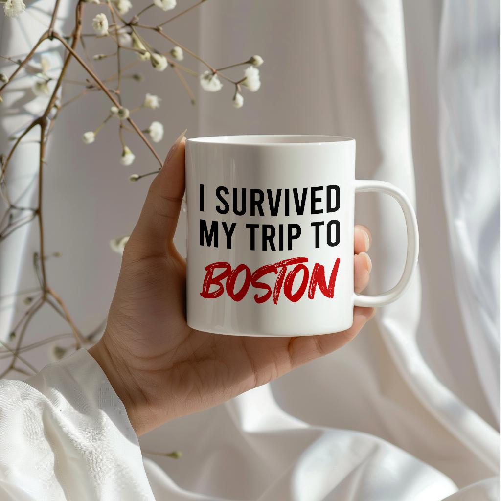 Funny Travel Mug – I Survived My Trip to Boston, 11oz or 15oz White Ceramic Coffee Mug, Novelty Travel Gift