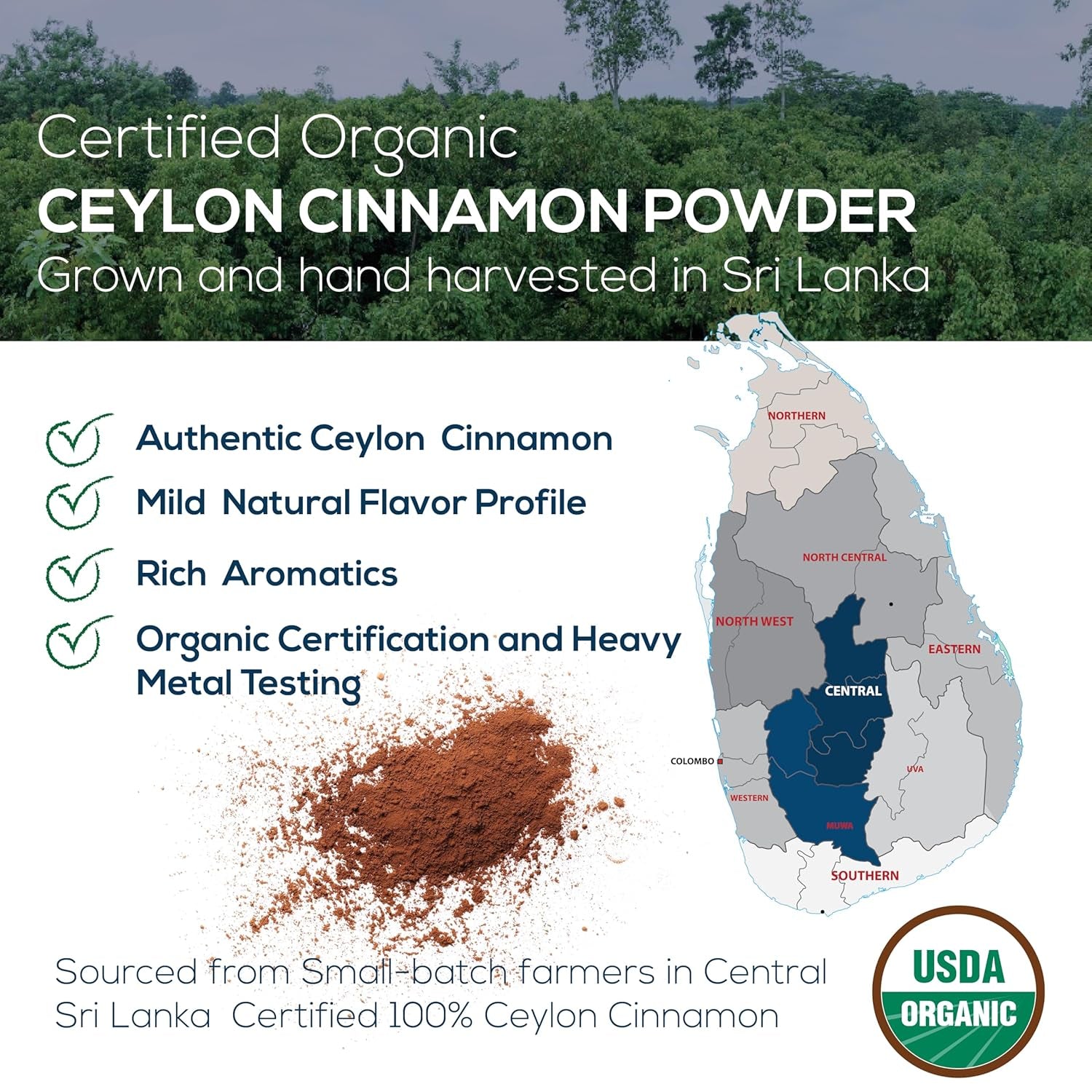 Organic Ceylon Cinnamon, Single Estate, Freshly Ground Premium Sri Lanka Cinnamon, Non-Gmo, Fair-Trade & Gluten Free in Resealable Jar for Cooking, Smoothies, Coffee & Tea