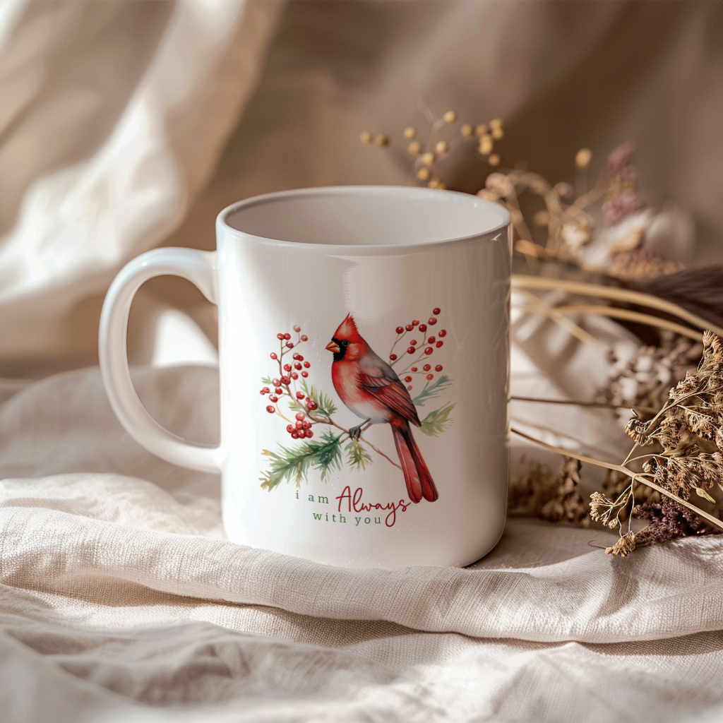 Red Cardinal Mug – Northern Red Cardinal Christmas Mug with Heartfelt Message, 11oz or 15oz White Ceramic Coffee Cup
