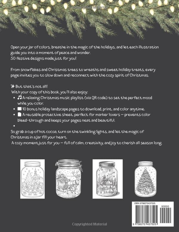 Christmas in a Jar – Holiday Coloring Book for Adults & Kids: 50 Relaxing Festive Designs + Music Playlist + 10 Bonus Scenes + Reusable Protective Page