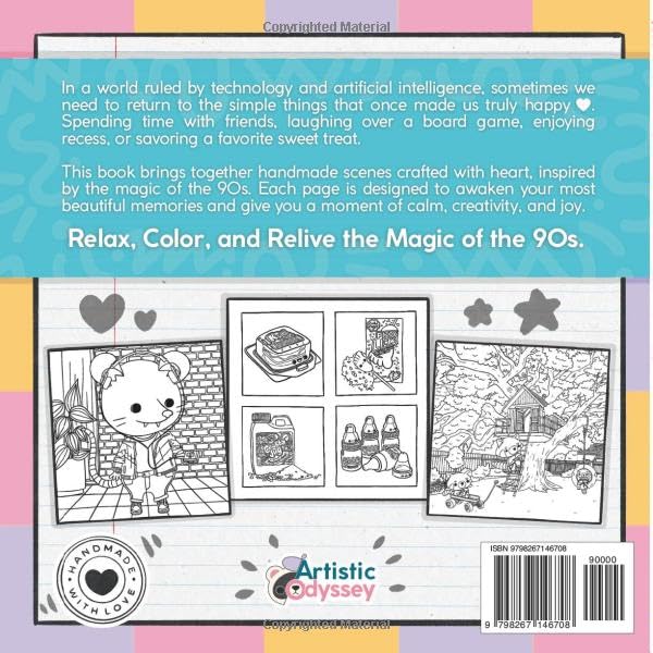 90s Nostalgia Coloring Book: A Unique Handmade Collection of cute chibi animal scenes with retro snacks and toys, created for adults to relax, spark creativity and relieve stress
