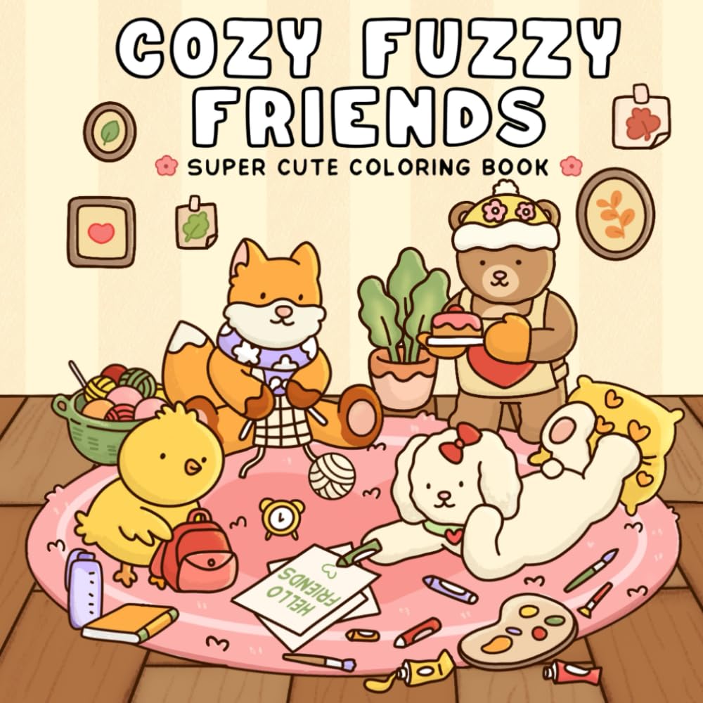 Cozy Fuzzy Friends: Coloring Book for Adults & Teens Featuring Super Cute Animal Characters in Hygge Inspired Scenes for Relaxation and Stress Relief.