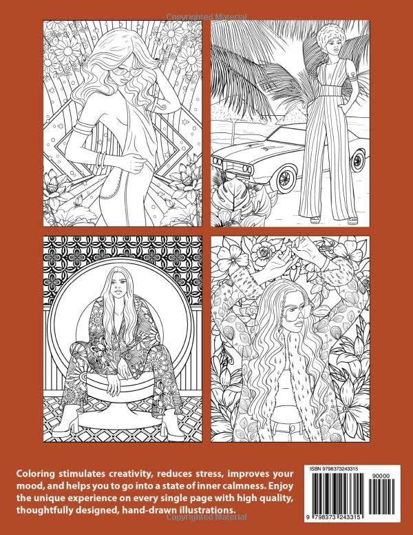 Fabulous 70's Coloring Book: Gorgeous Women in Stylish Outfits with Stunning Hairstyles | 70's Fashion | 35 Illustrations for Teens and Adults