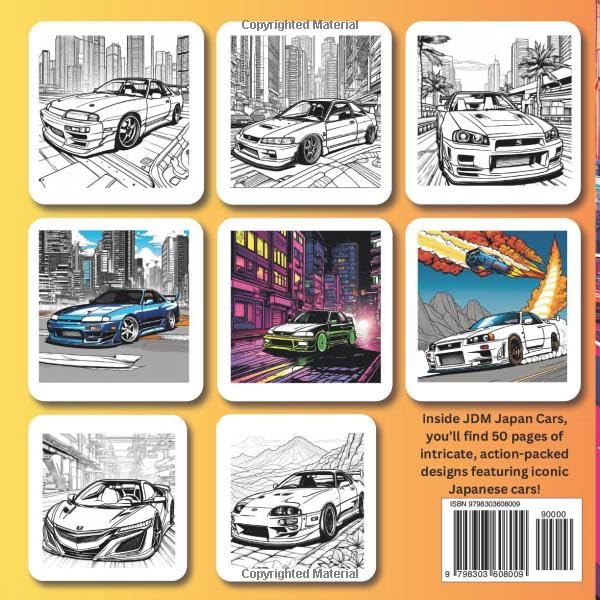 JDM JAPAN CARS COLORING BOOK: 101 TOTAL Pages WITH 50 PAGES of Detailed JDM Cars: The Perfect Coloring Experience with No Bleed-Through (Car Coloring Books)