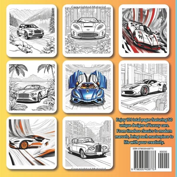 Luxury Cars Coloring Book: Luxury Cars: A 101-Page Coloring Book with 50 Stunning Car Designs – Featuring Supercars, Exotic Cars, and Classic Vehicles! (Car Coloring Books)