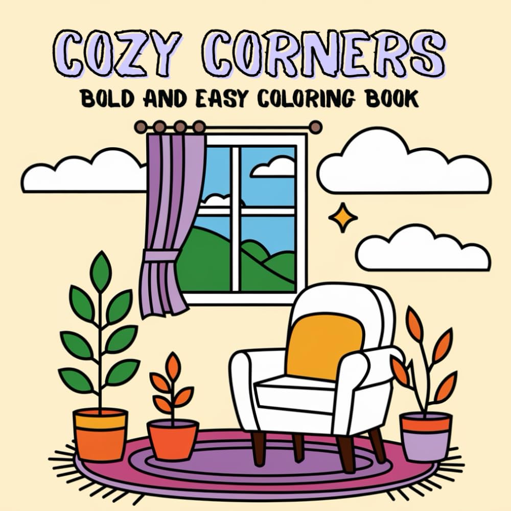 Bold and Easy Cozy Corners Coloring Book: Relaxing and Simple Designs for Stress Relief and Mindful Coloring with Cute Illustrations of Hygge Places for Teens, Adults and Kids!
