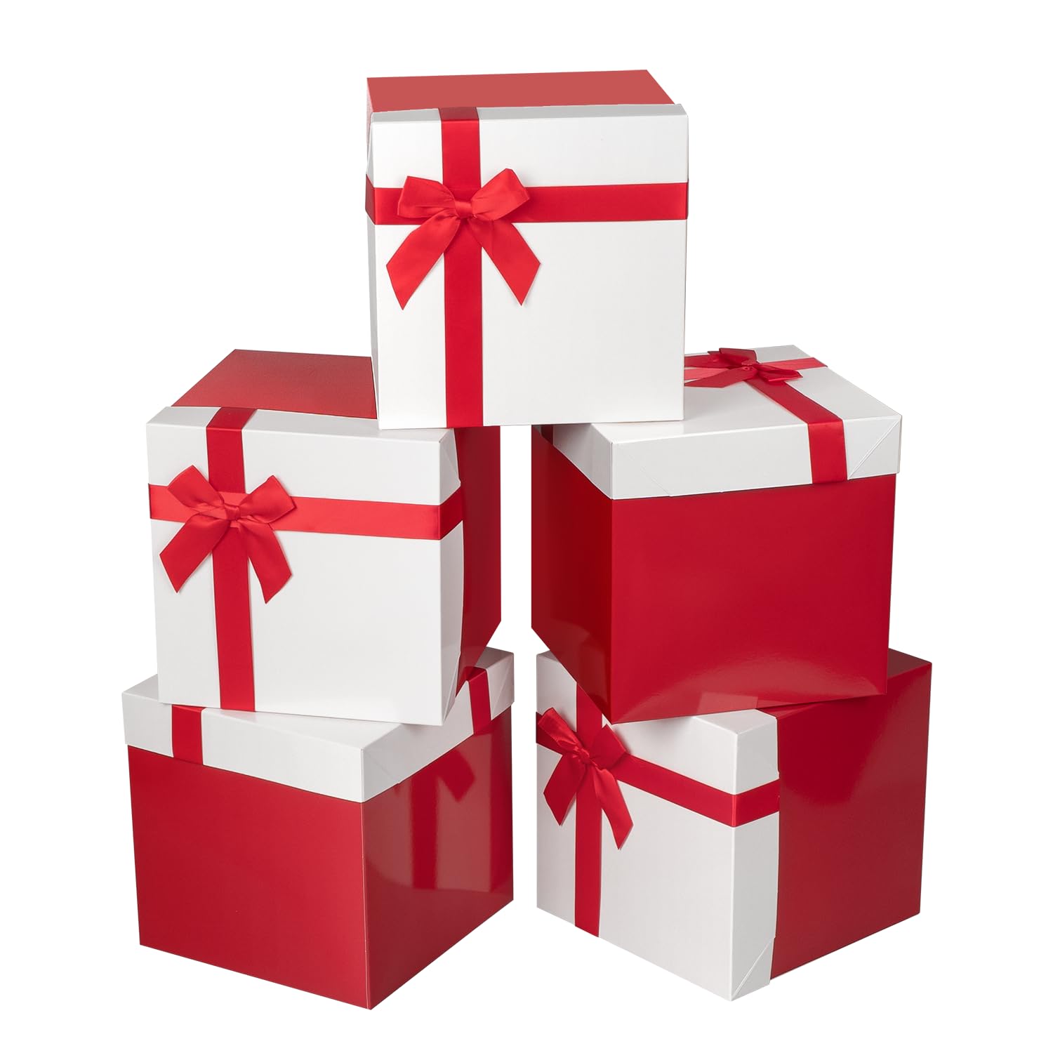 Red & White Christmas Gift Boxes with Lids, 5 Pack